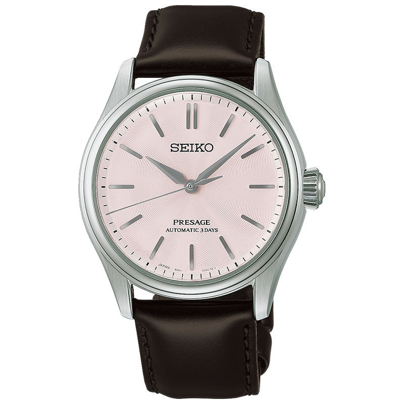 HCC003J セイコー プレザージュ クラシックシリーズ SEIKO PRESAGE Classic Series メンズ 男性用 ブラウン ピンク文字盤 牛皮革ベルト 防水 シースルー・スクリューバック 自動巻き メカニカル