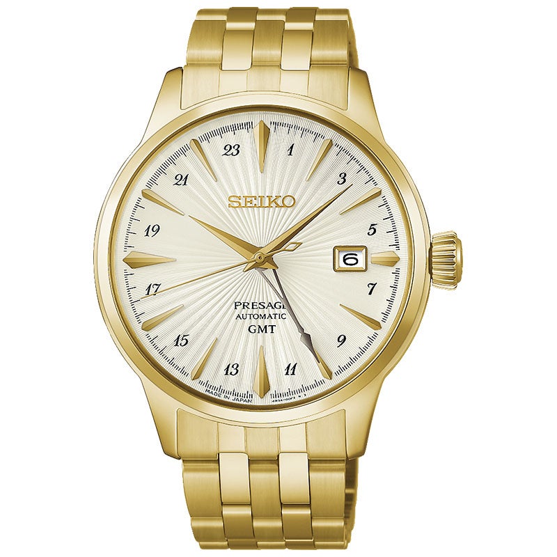 HCB004J セイコー SEIKO プレザージュ PRESAGE カクテルタイム Cocktail Time メンズ 自動巻き シースルーバック 白文字盤 ゴールド デュアルタイム 秒針停止機能 カレンダー機能 5気圧防水 腕時計