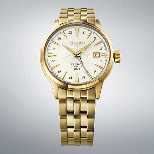 HCB004J セイコー SEIKO プレザージュ PRESAGE カクテルタイム Cocktail Time メンズ 自動巻き シースルーバック 白文字盤 ゴールド デュアルタイム 秒針停止機能 カレンダー機能 5気圧防水 腕時計