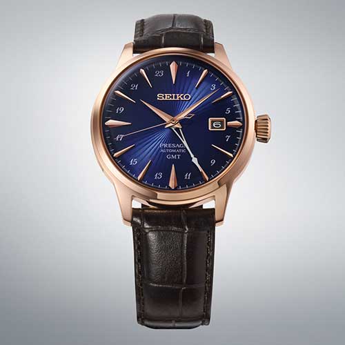 HCB005J セイコー SEIKO プレザージュ PRESAGE カクテルタイム Cocktail Time メンズ 自動巻き 青文字盤 ピンクゴールド ブラック 牛皮革バンド シースルー・スクリューバック デュアルタイム 5気圧防水 腕時計