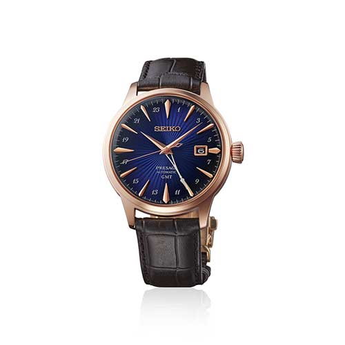 HCB005J セイコー SEIKO プレザージュ PRESAGE カクテルタイム Cocktail Time メンズ 自動巻き 青文字盤 ピンクゴールド ブラック 牛皮革バンド シースルー・スクリューバック デュアルタイム 5気圧防水 腕時計